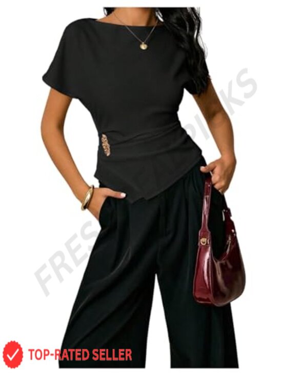 Tops - Asymmetrical Dressy Blouse Cinched Waist Elegant Business Casual Top
